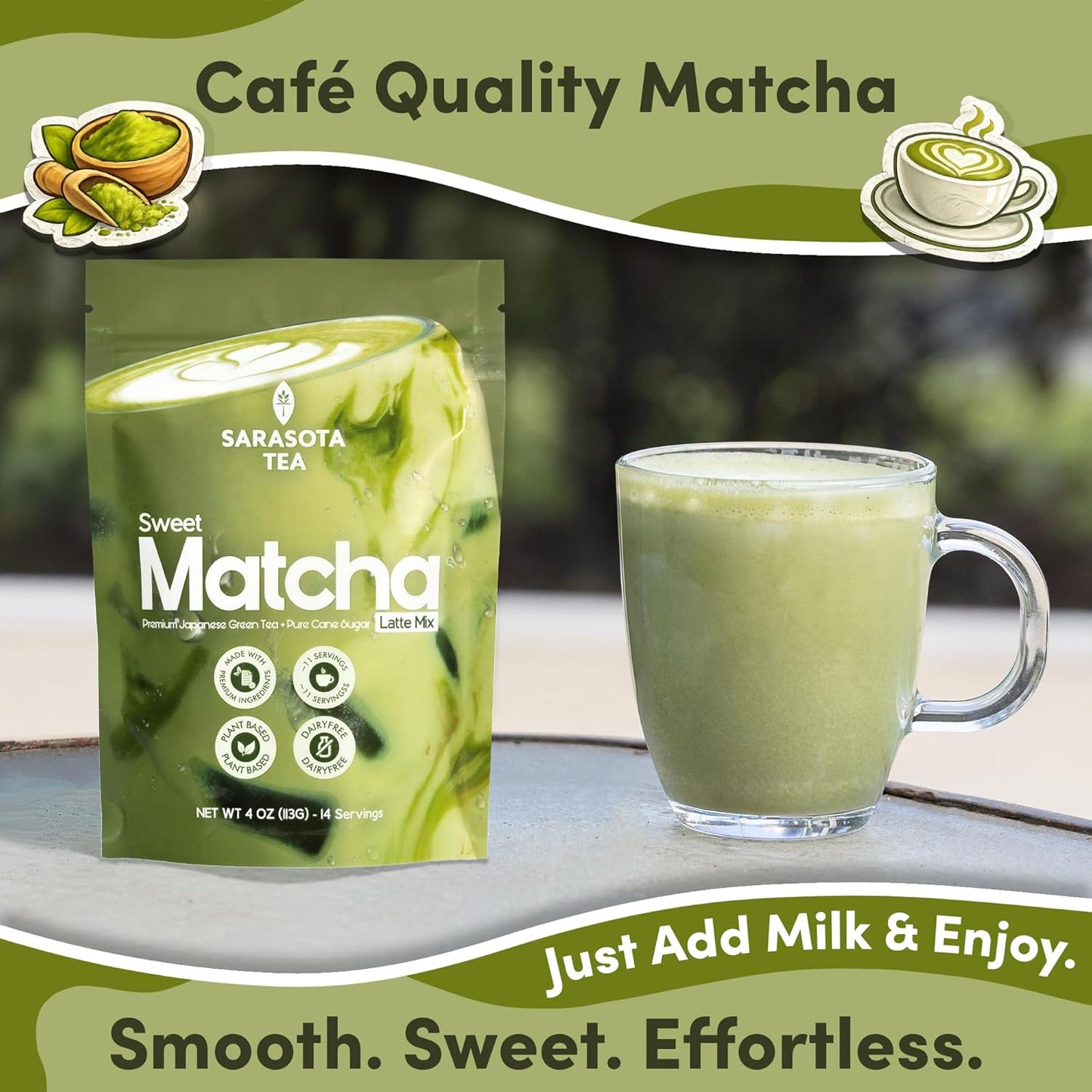 Mezcla de café con leche matcha endulzada azúcar de caña té verde para lattes bolsa 4 oz