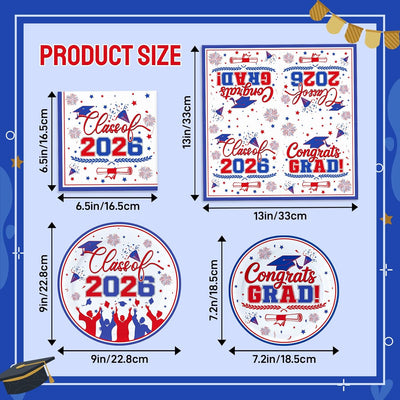 Set 100 Platos Servilletas Graduación Azul Rojo 2026