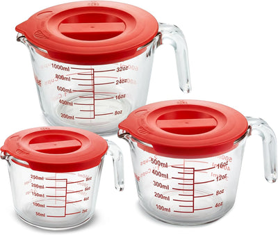 Juego tazas medidoras vidrio 1, 2 y 4 tazas con tapas 8, 17 y 34oz