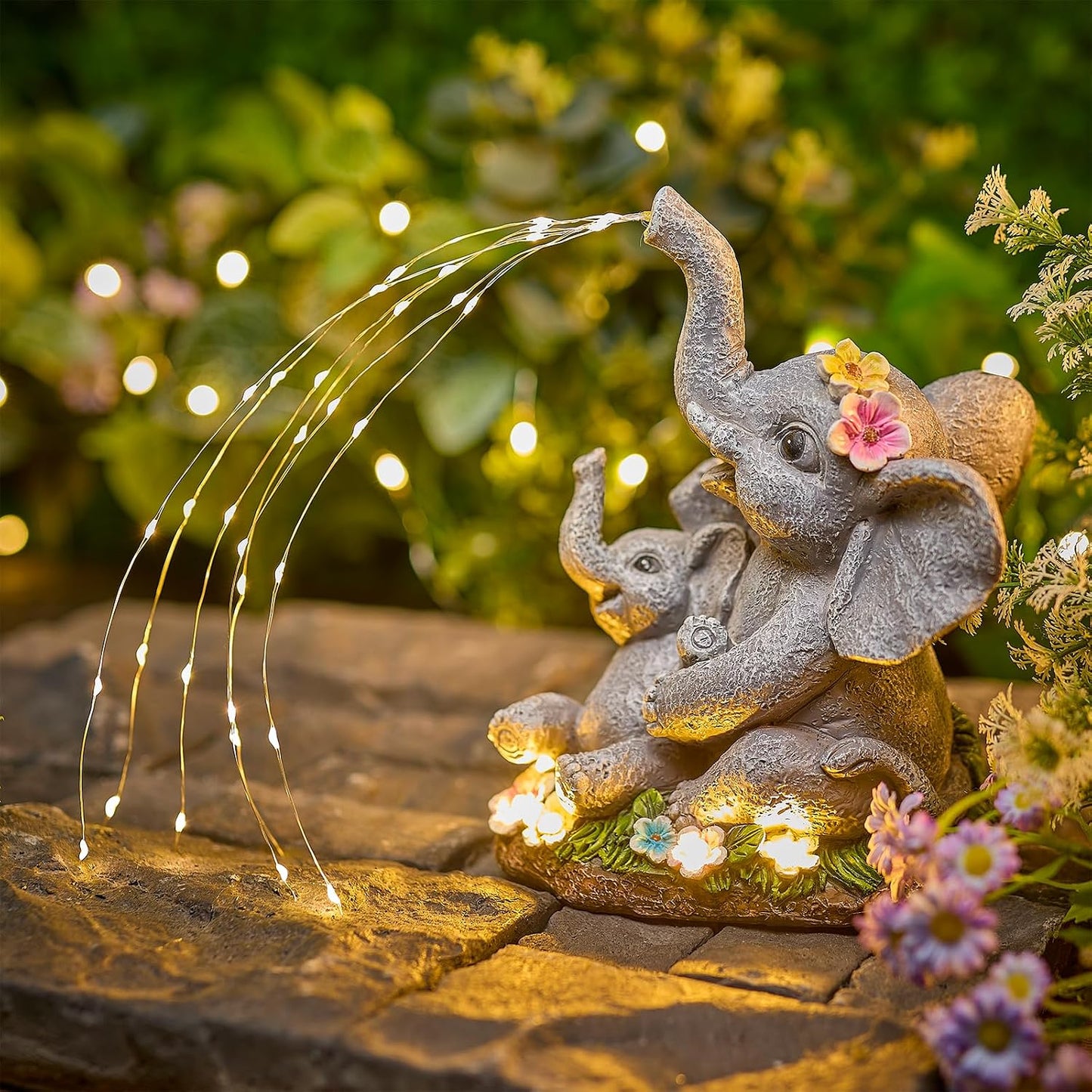 Estatua elefante jardín con suculentas luces LED impermeable