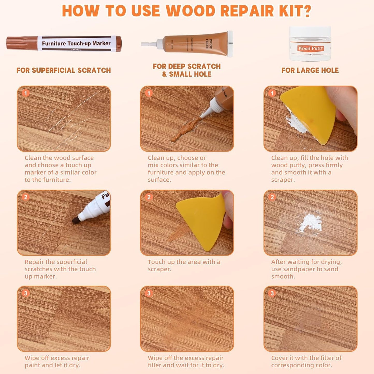 Kit reparación madera muebles 12 colores rellenos 8 colores