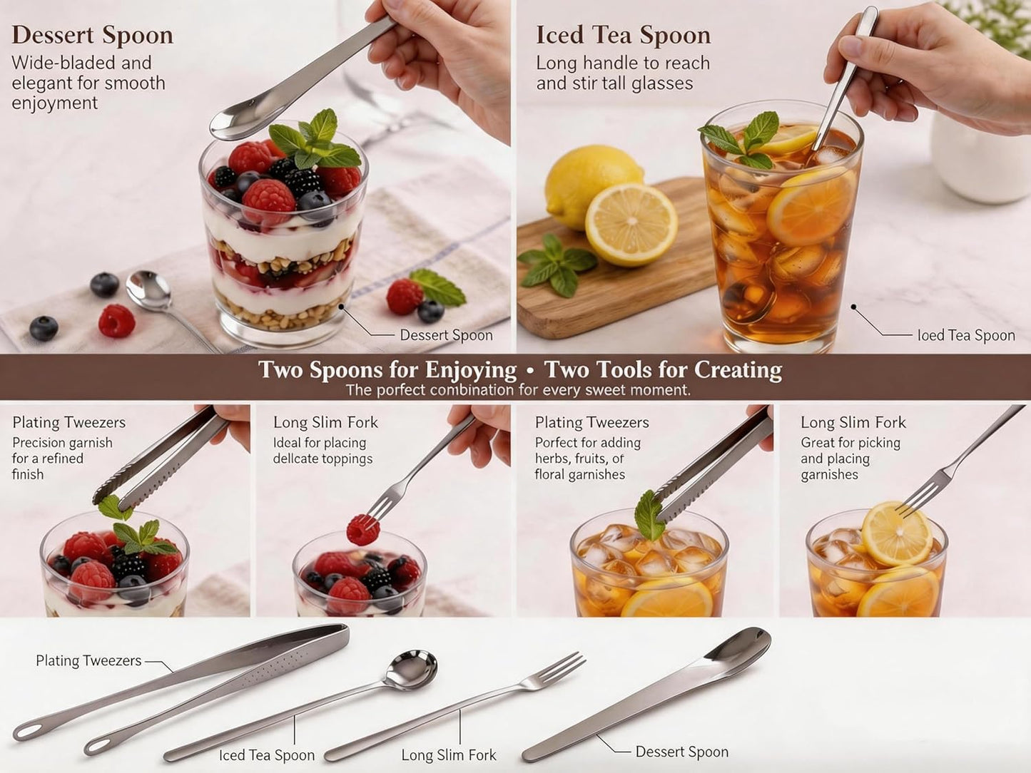Set 4 Pzas Utensilios Acero Inox 304 8pulg para Té Helado