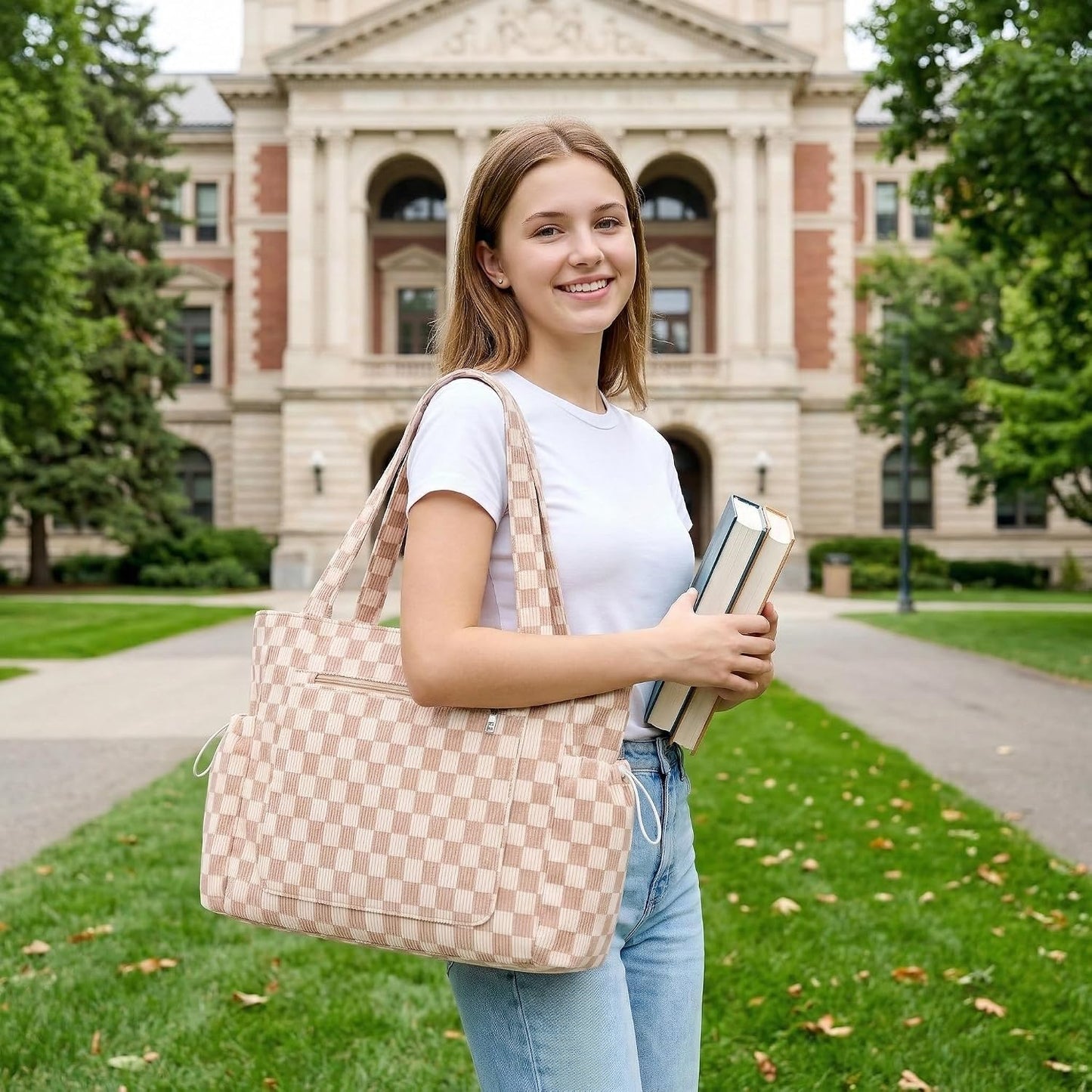 Bolsa de mano pana grande con compartimentos para mujer