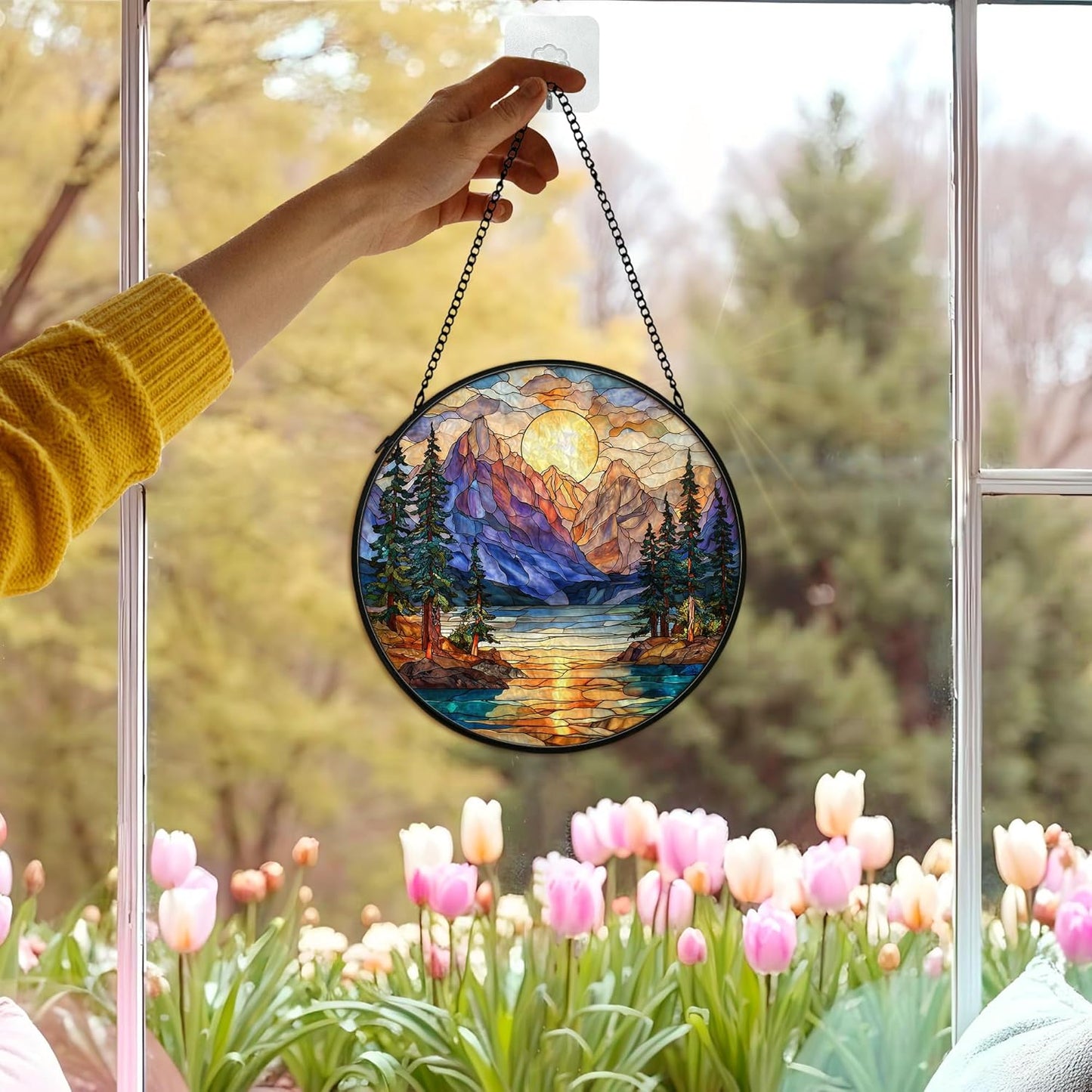 Atrapasoles sol de montaña decoración vitral pared