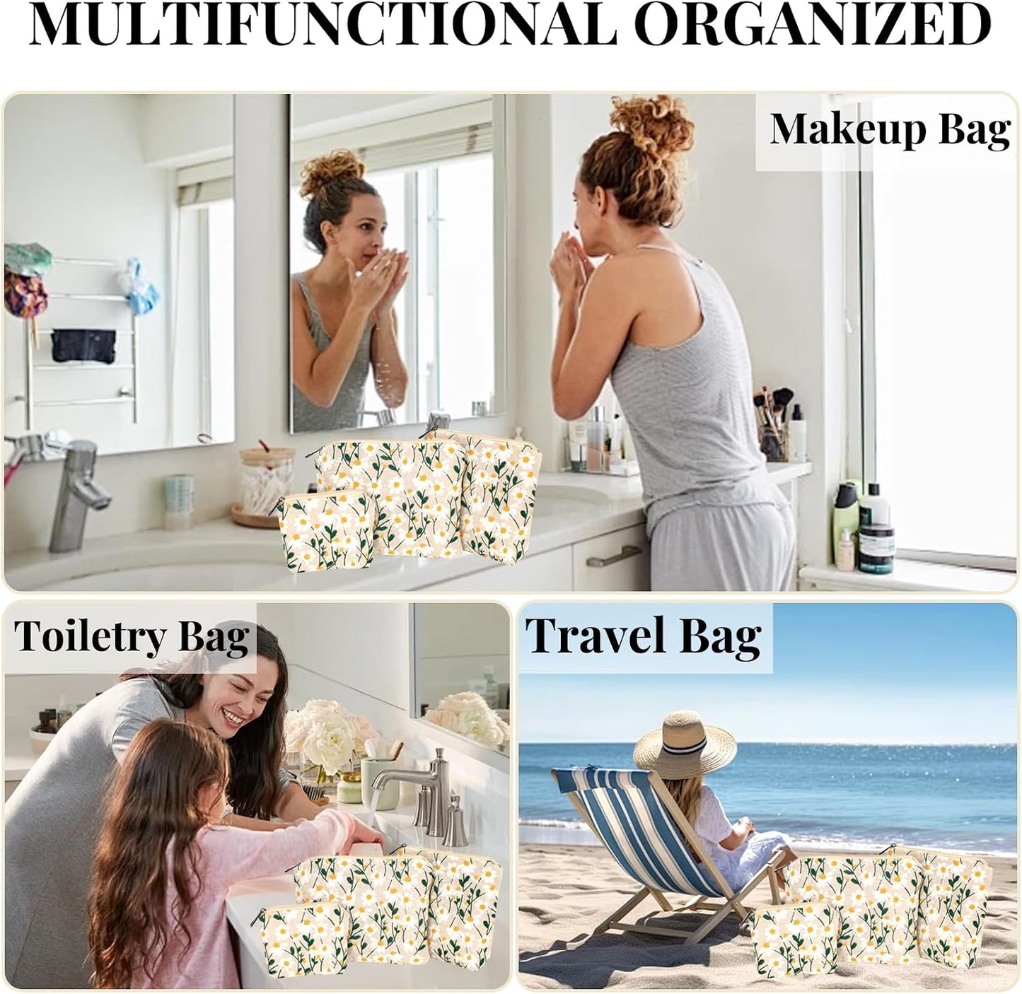 Set 3 bolsas cosméticos algodón floral para viaje