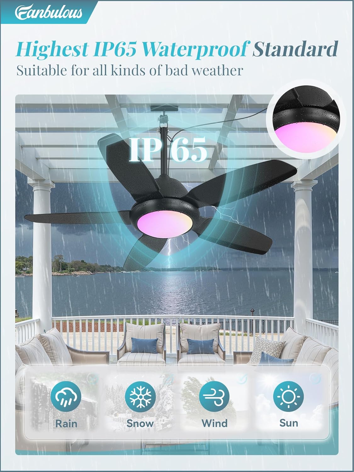 Ventilador techo IP65 RGB 42pulg exterior control remoto motor CC