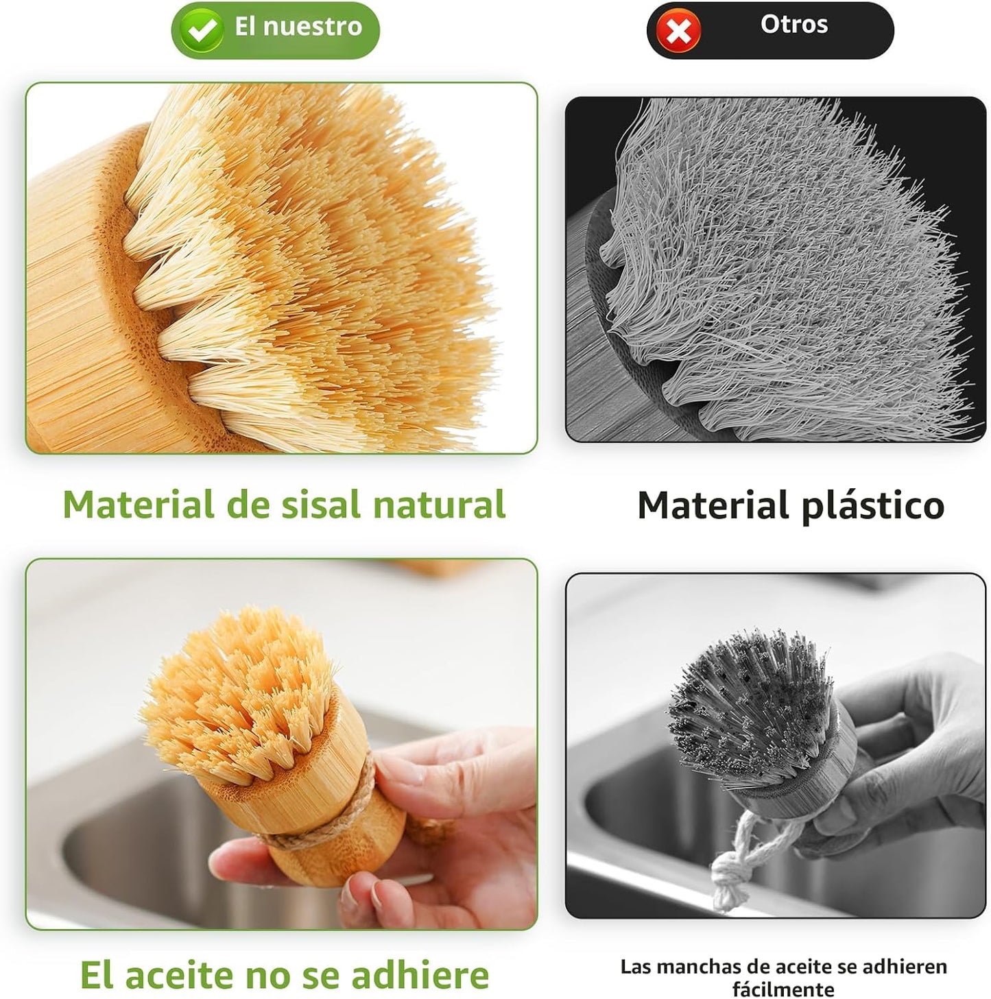 Cepillos bambú para fregar platos sartenes hierro fundido set 3