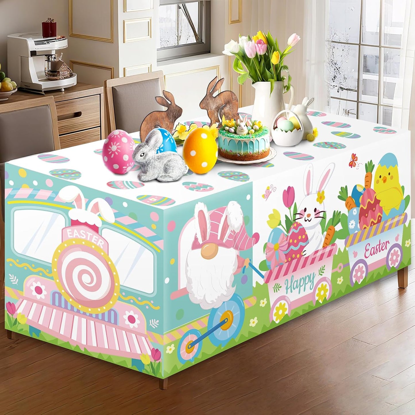 Mantel de tren de gnomo de Pascua 6 pies decoración mesa rectangular