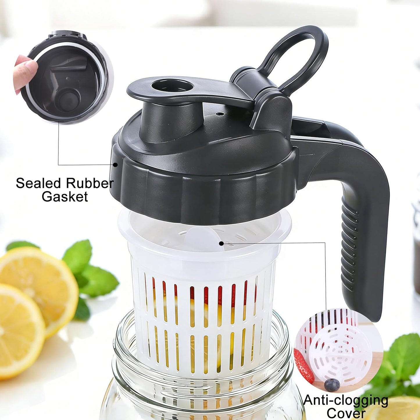 Tapón para jarra de vidrio con infusor de frutas sin BPA para 64 oz