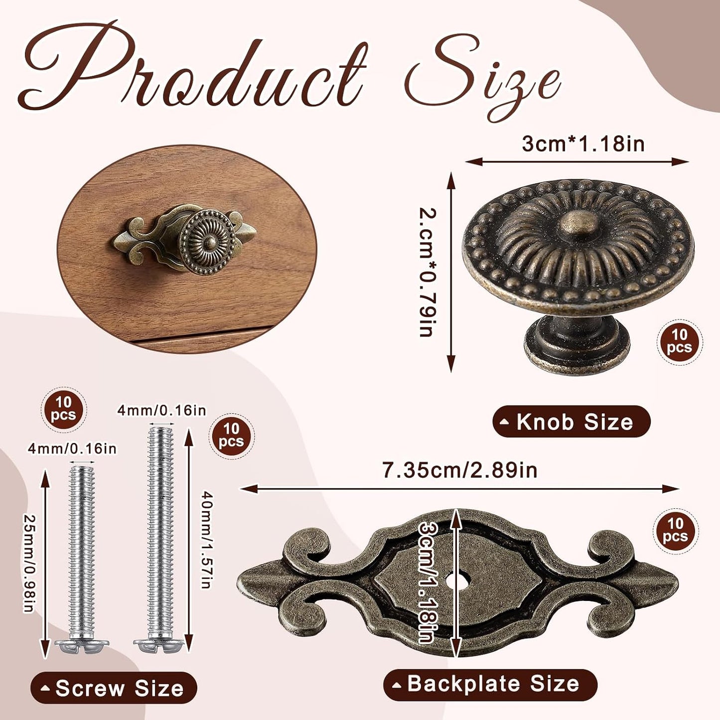 10 Pomos Latón Antiguo Retro para Cajones con Placa Flor