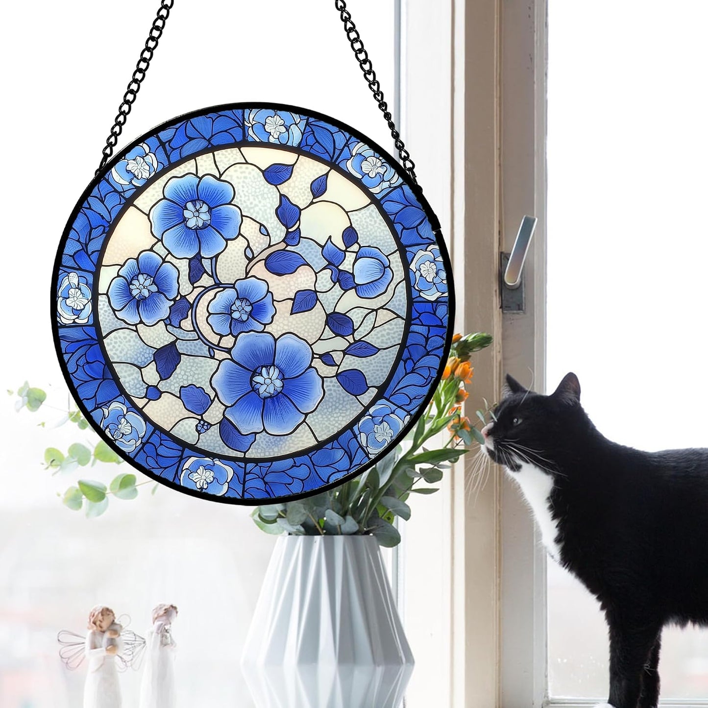 Atrapasoles vidrio decoración hogar ciruela azul blanco