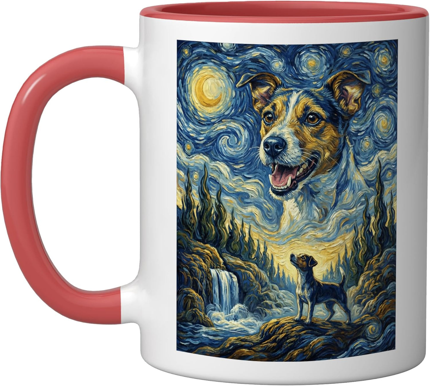 Taza Cerámica Estilo Van Gogh Luna Perro Jack Russell Rojo/Blanco