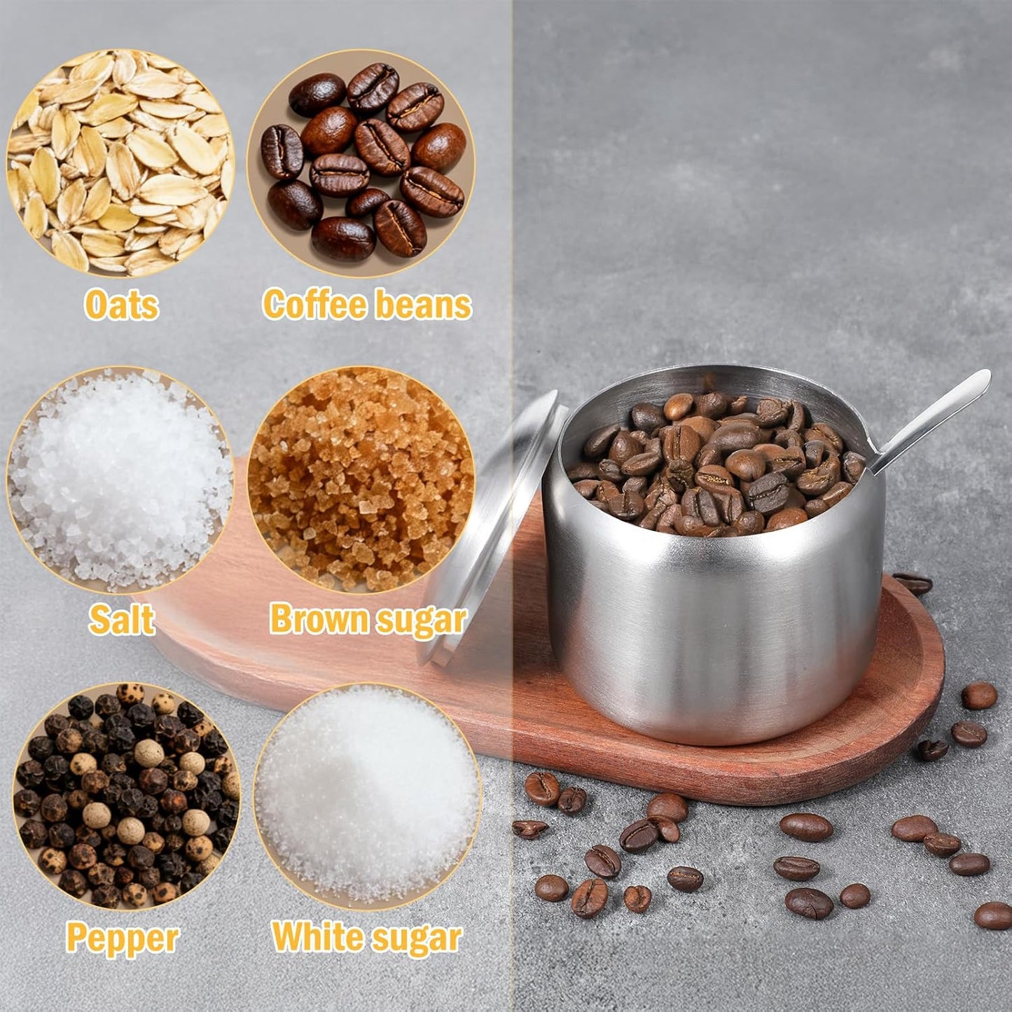Azucarero de acero inoxidable con cuchara y tapa, dispensador de azúcar para cafetería