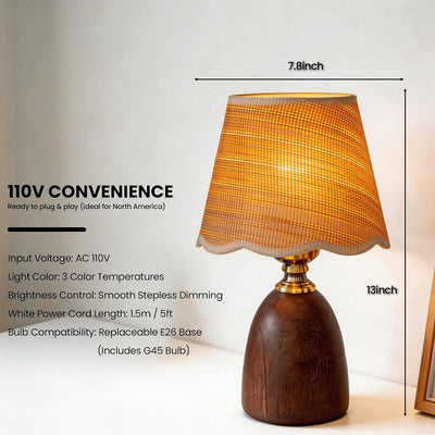Lámpara mesa madera nogal pantalla tejida regulable 3 colores