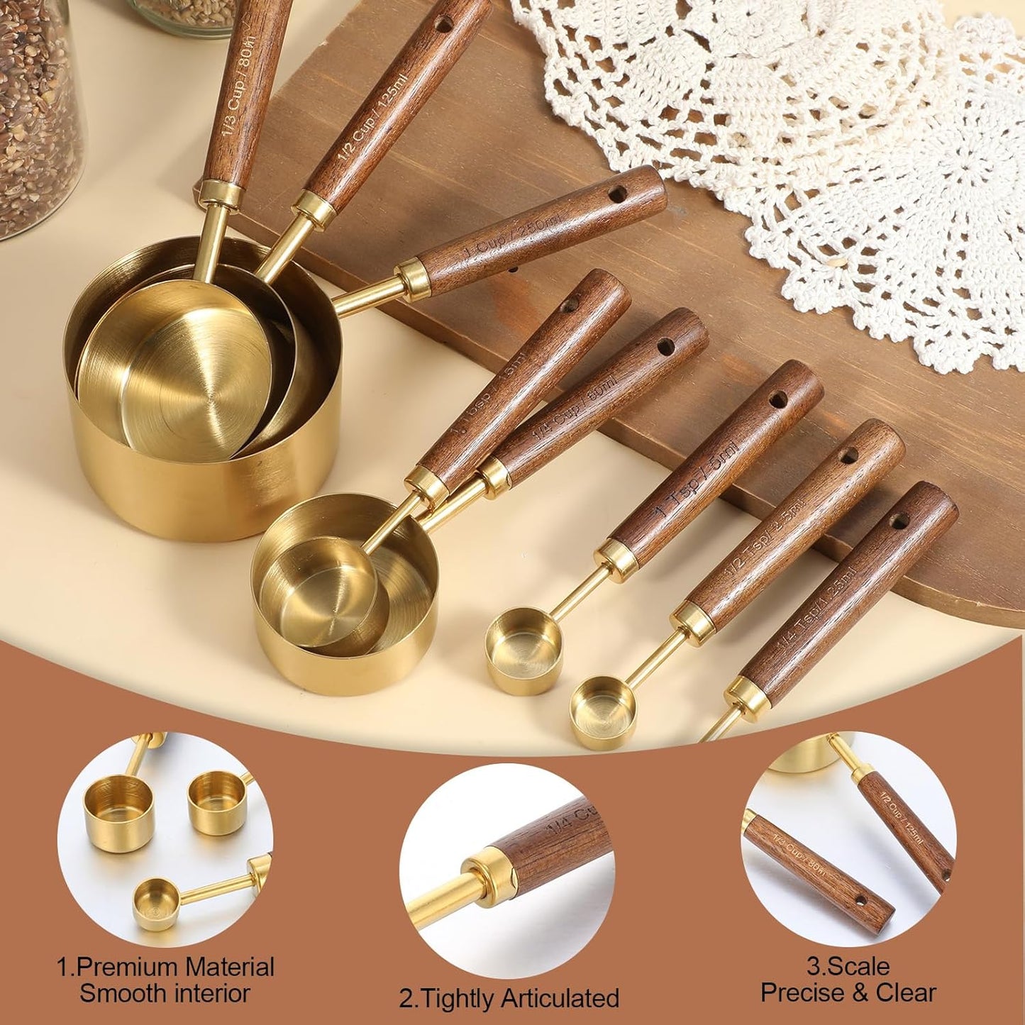 Juego de tazas y cucharas medidoras doradas de acero inoxidable 8 piezas