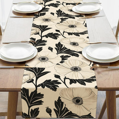 Camino de mesa vintage con flores de amapola negra y blanca para interiores