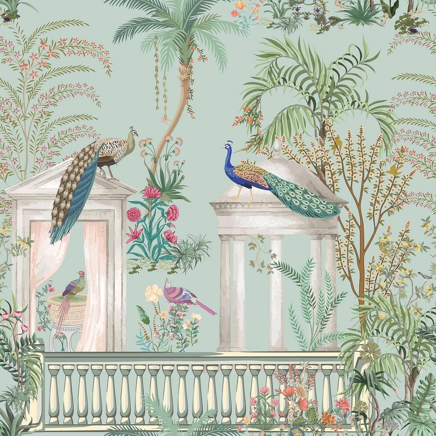 Papel tapiz Chinoiserie pavo real verde dormitorio