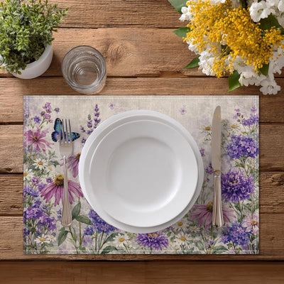 Juego de 4 manteles individuales de primavera 12 x 18 pulgadas con flores silvestres y mariposas