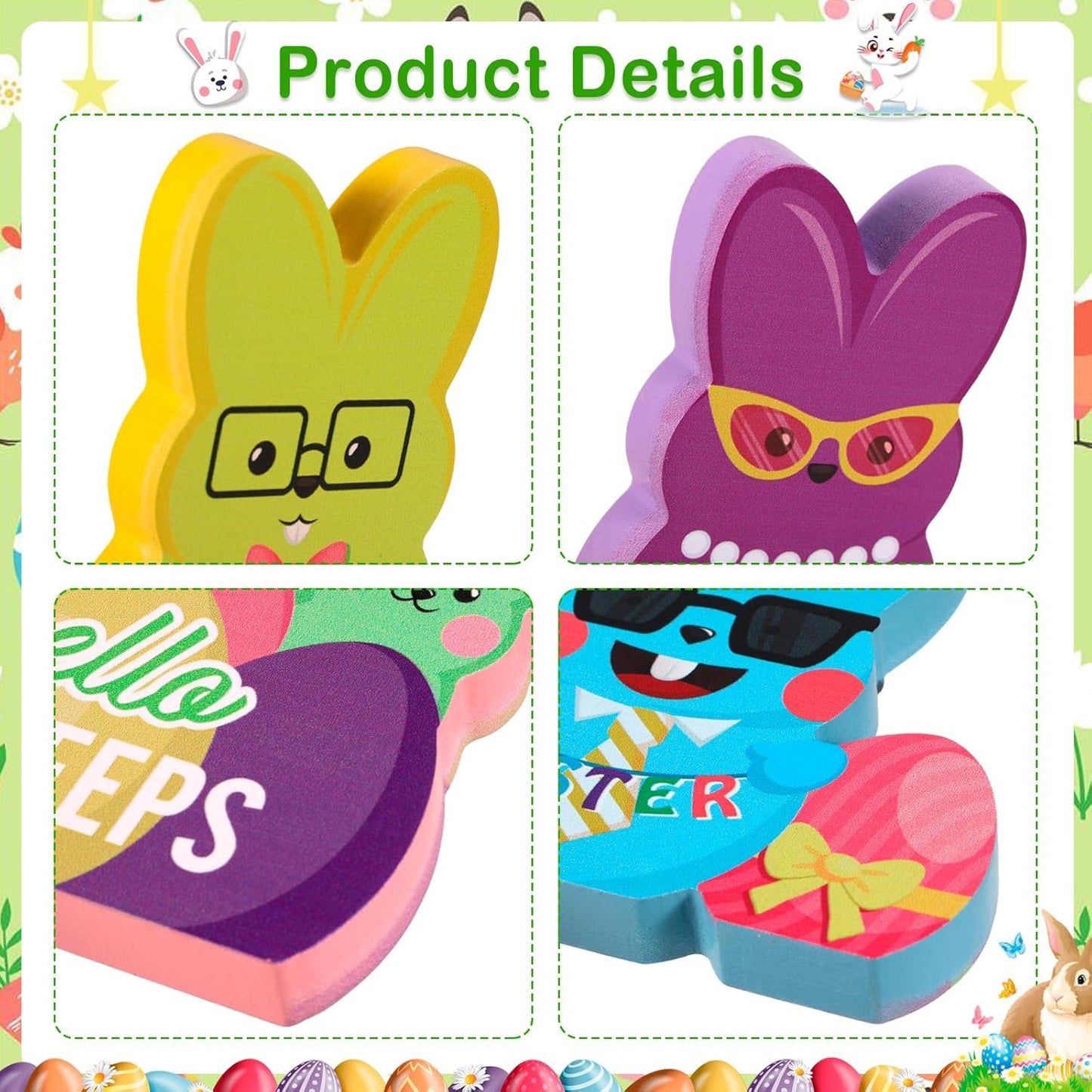 Decoraciones de conejo de madera de Pascua 4 letreros coloridos para mesa y hogar