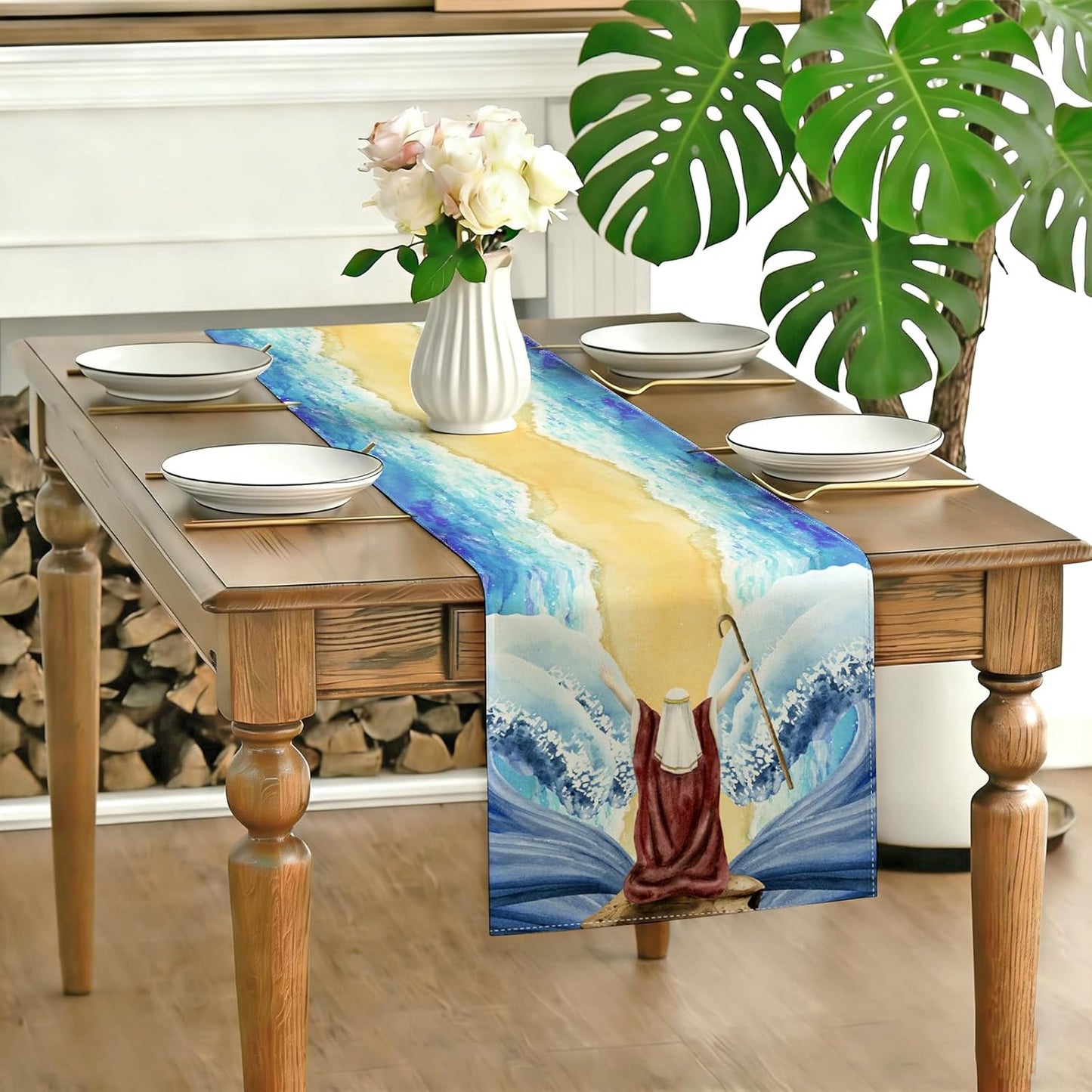 Camino mesa Pesaj 72pulg decoración verde y dorada