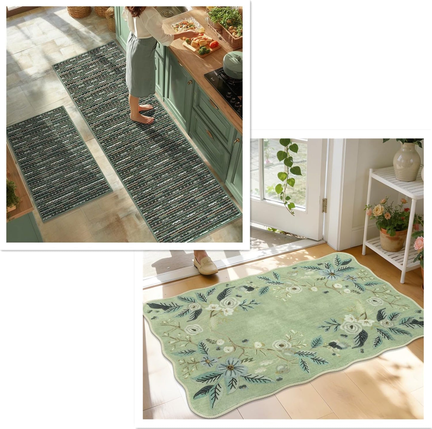 Set 2 Alfombras 2x3 Pulg Florales Verdes