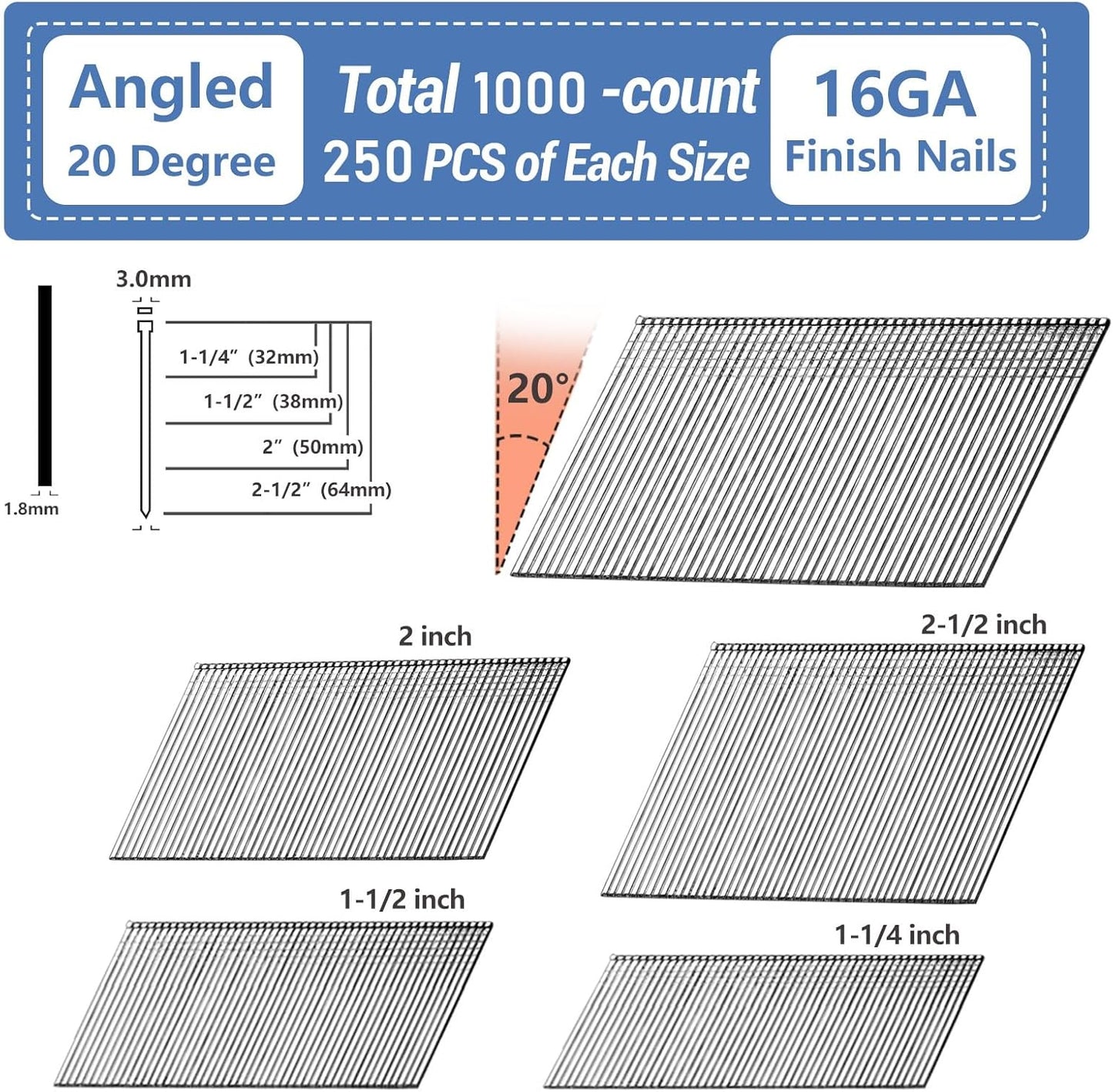 Clavos galvanizados ángulo 16-20 grados set 1000
