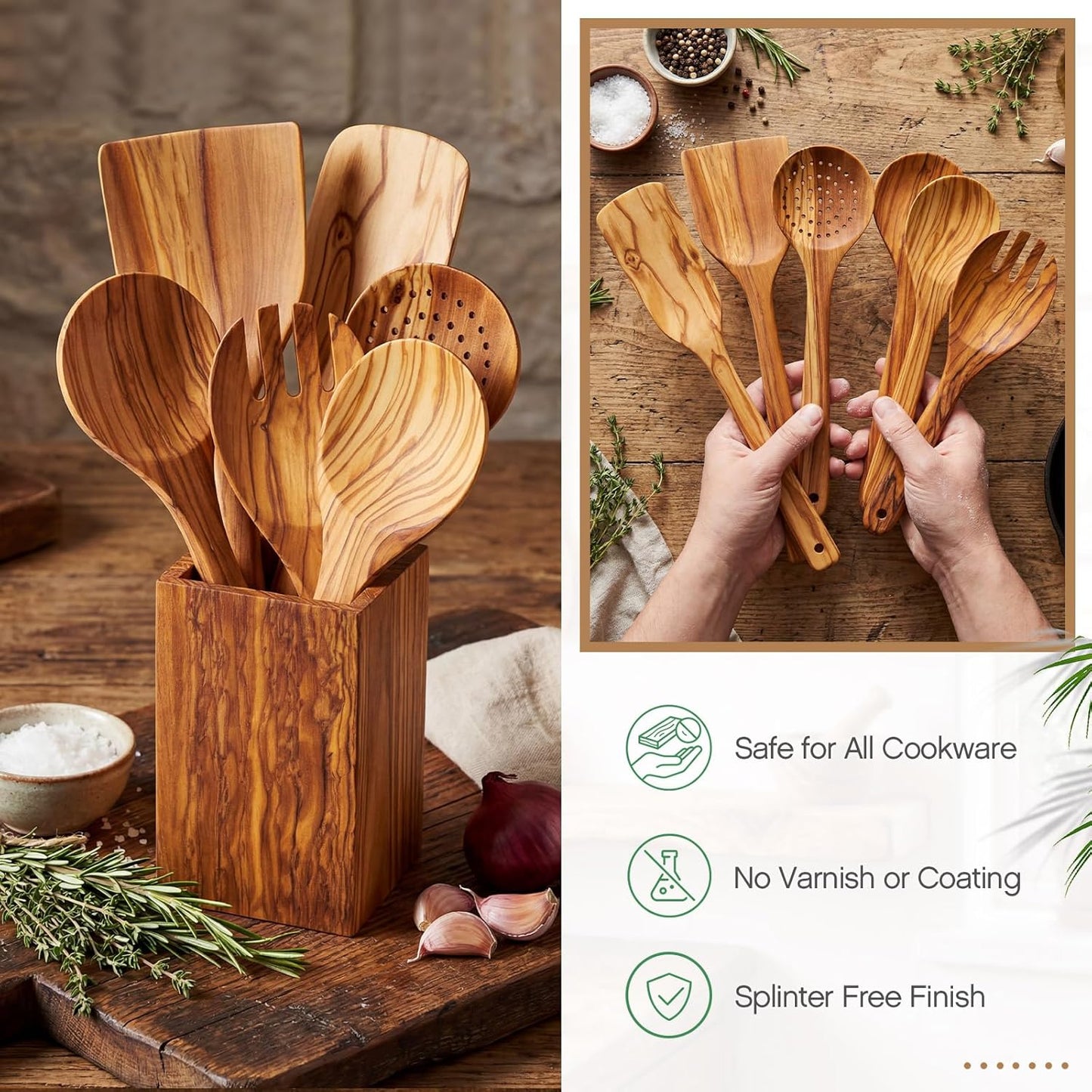 Set 10 Utensilios Cocina Madera Olivo con Caja Regalo