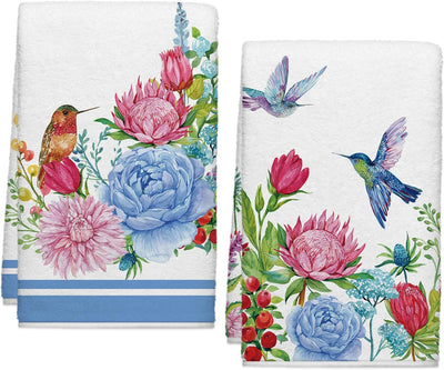 Toallas de cocina y cortina de ducha con flores de colibrí