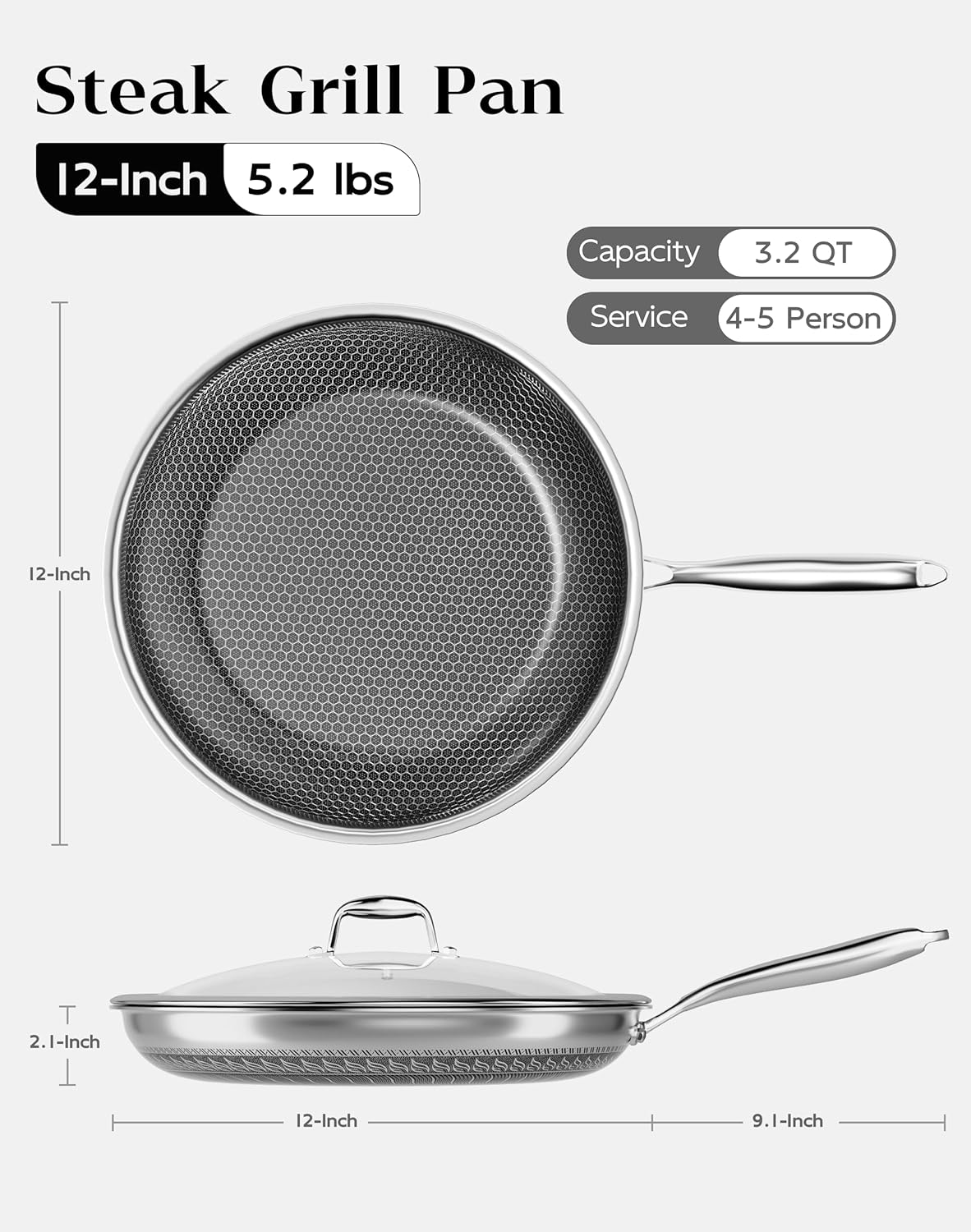 Sartén antiadherente acero inox 12pulg comp inducción sin PFOA