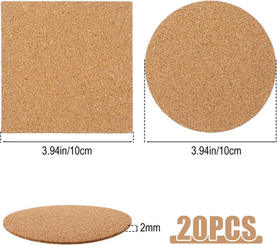 20 Posavasos Corcho 4pulg Antideslizantes Redondos y Cuadrados