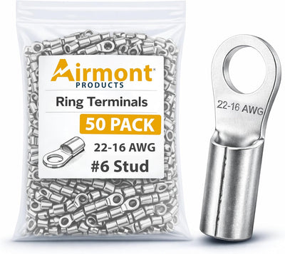50 Terminales Anillo Acero Niquelado 22-16AWG Perno 6 Clasif 900F