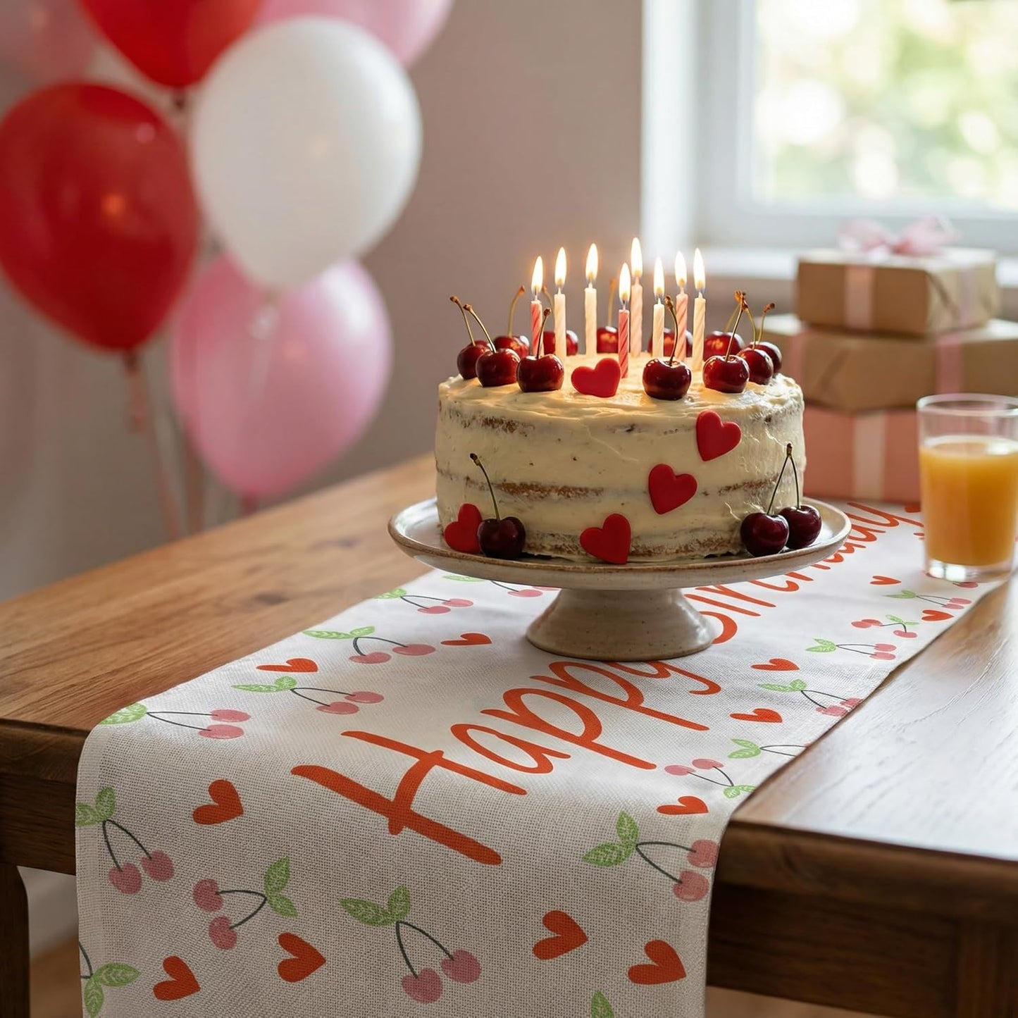 Mesa cumpleaños tela lino estampado corazón cereza reutilizable