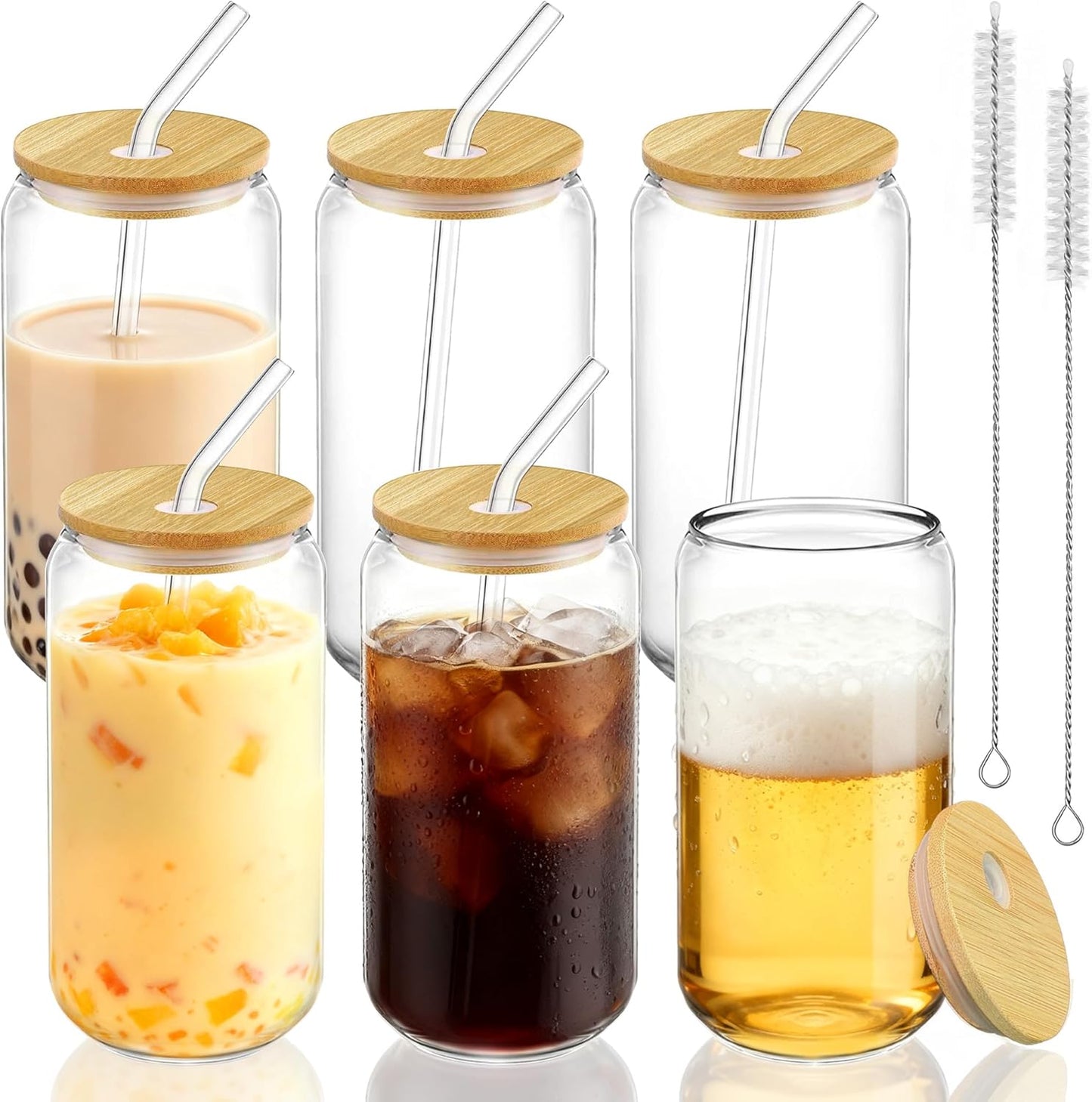 Set 6 vasos vidrio 16oz con tapa bambú pajita para café helado