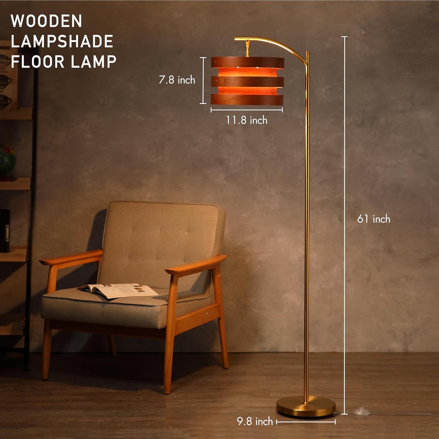 Lámpara pie madera moderna pantalla latón antiguo roble