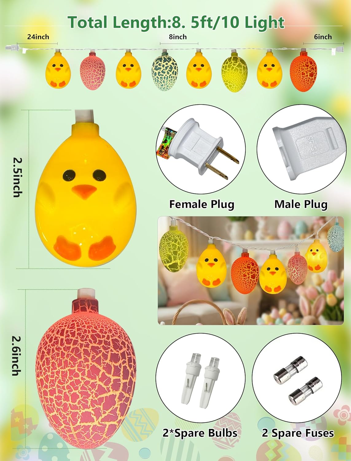 Guirnalda luces LED pollitos Pascua 8.5pies 10 luces multicolor