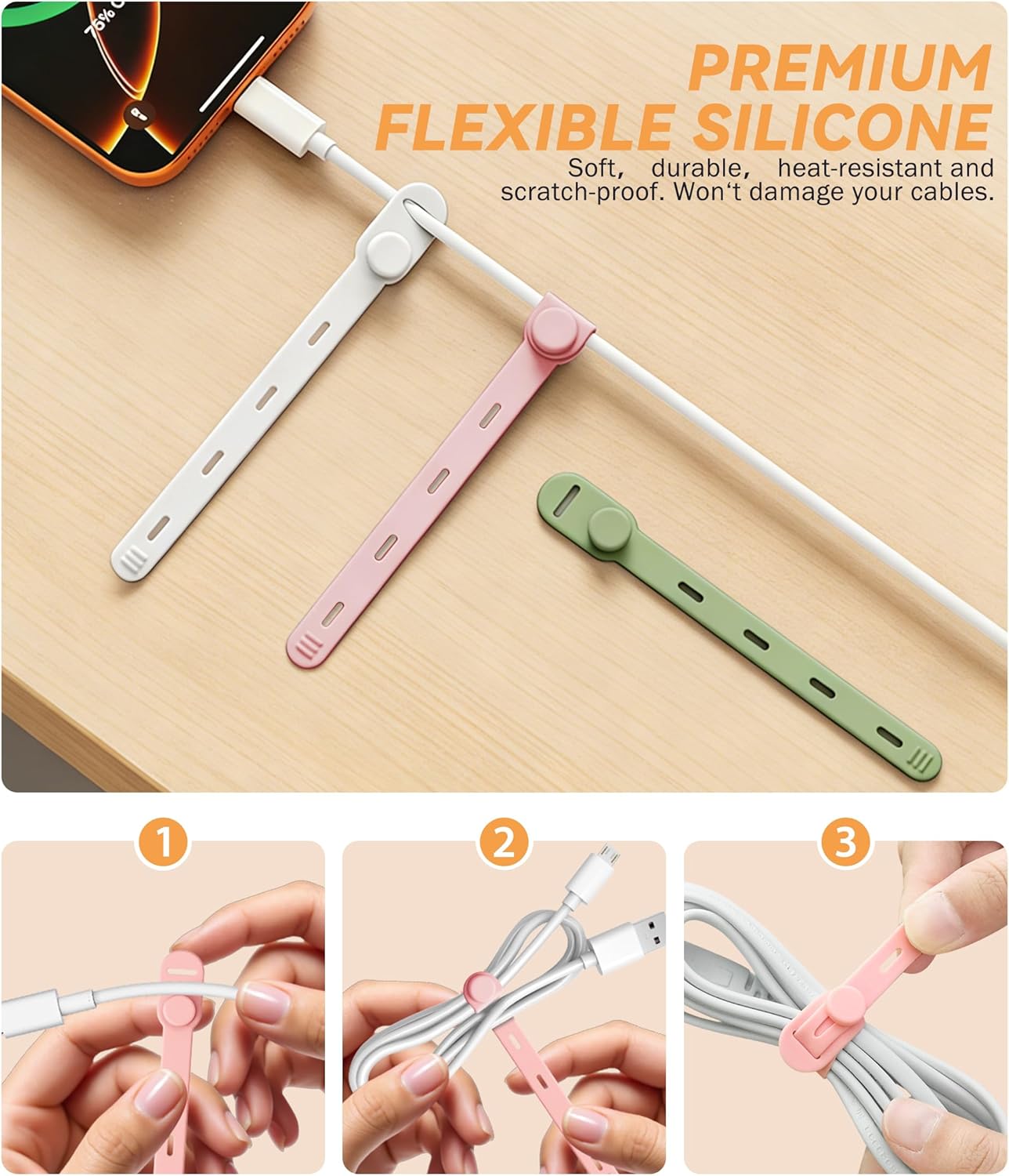 Organiz. cables elástico reutilizable silicona 4 agujeros