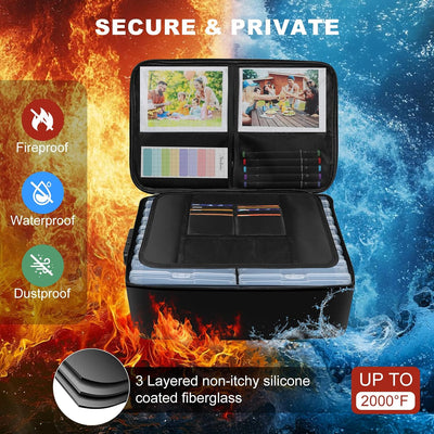 Caja fotos ignífuga 18 estuches 5x7pulg con cerradura y asa