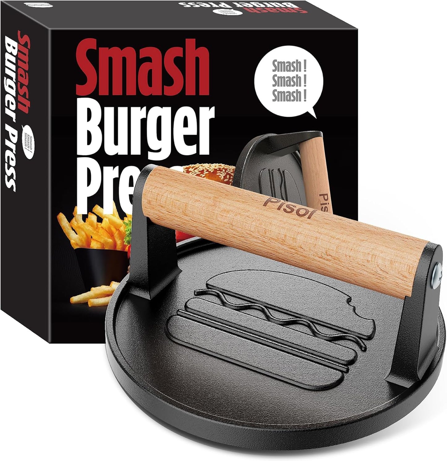 Prensa hamburguesas hierro fundido pre-sazonado mango madera 6.6
