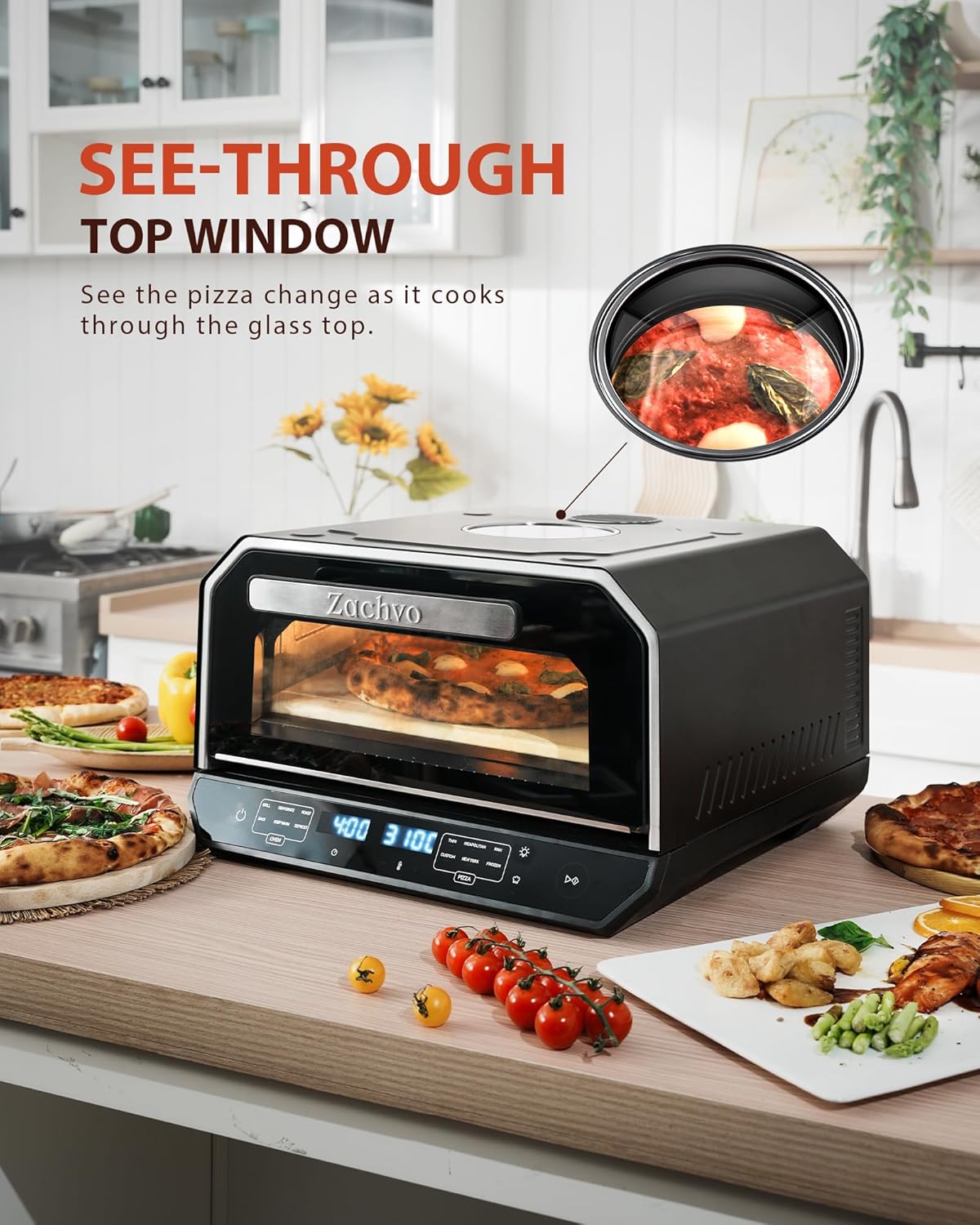 Horno eléctrico pizza 12en1 850°F con piedra