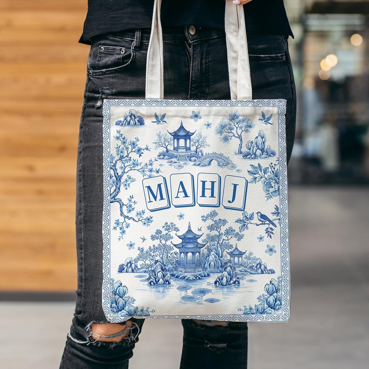 Bolsa de mano reutilizable chinoiserie con estampado azul para mujer
