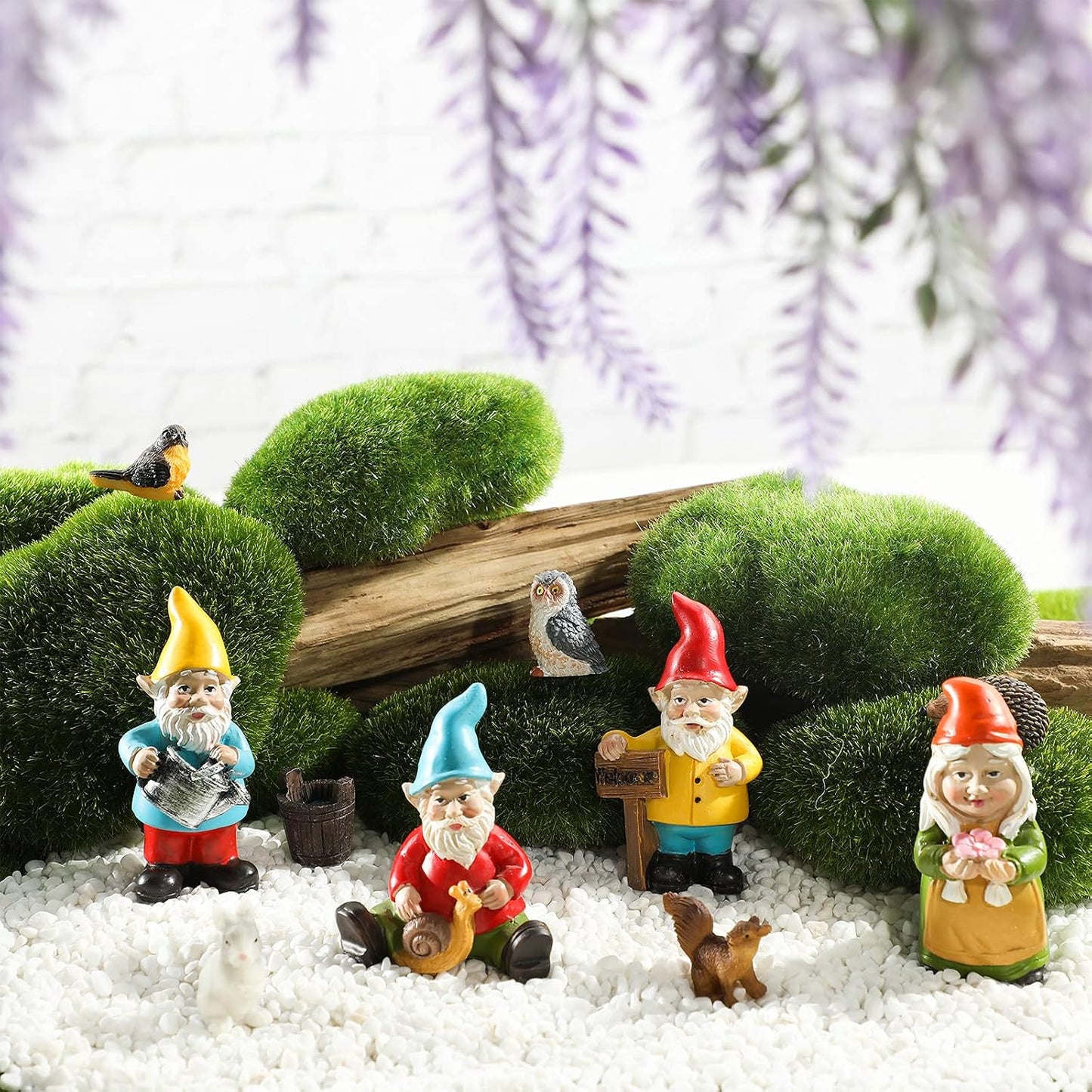 Set 10 Gnomos Resina Pintados a Mano Ardilla Erizo Búho Cubo
