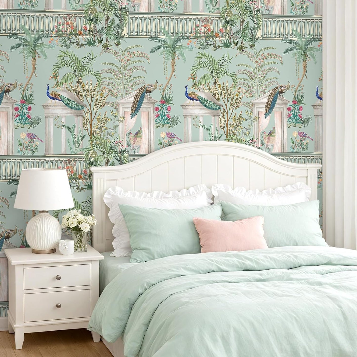Papel tapiz Chinoiserie pavo real verde dormitorio