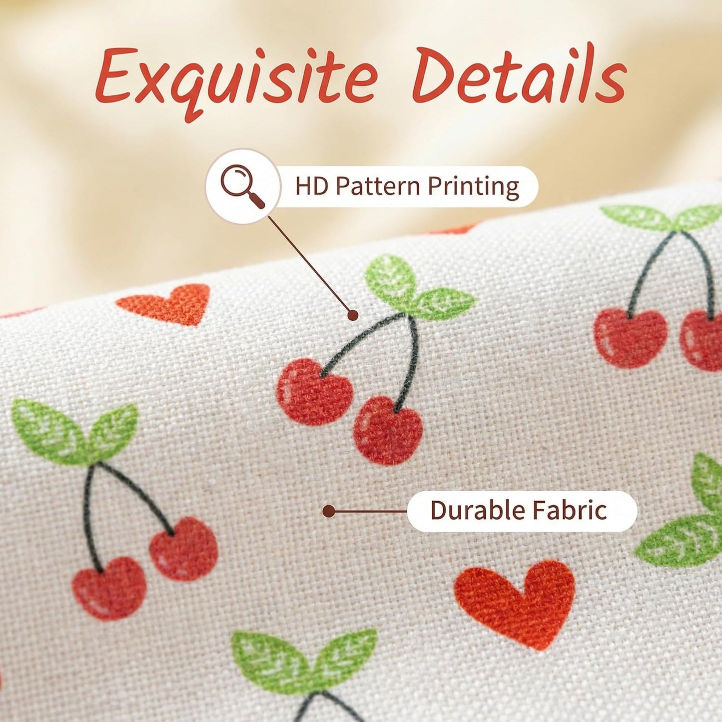 Mesa cumpleaños tela lino estampado corazón cereza reutilizable