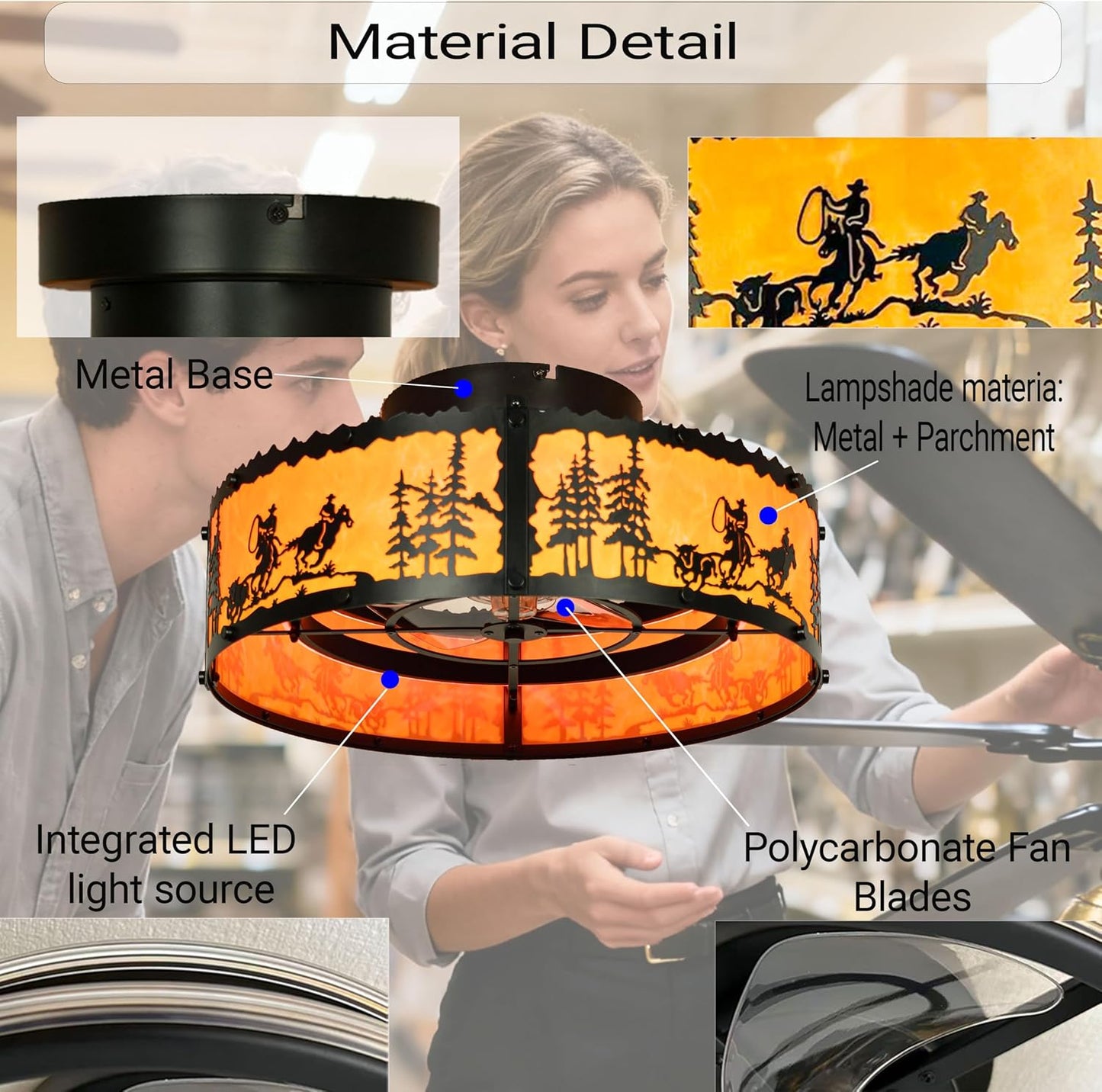 Ventilador techo enjaulado luces control remoto diseño caballo