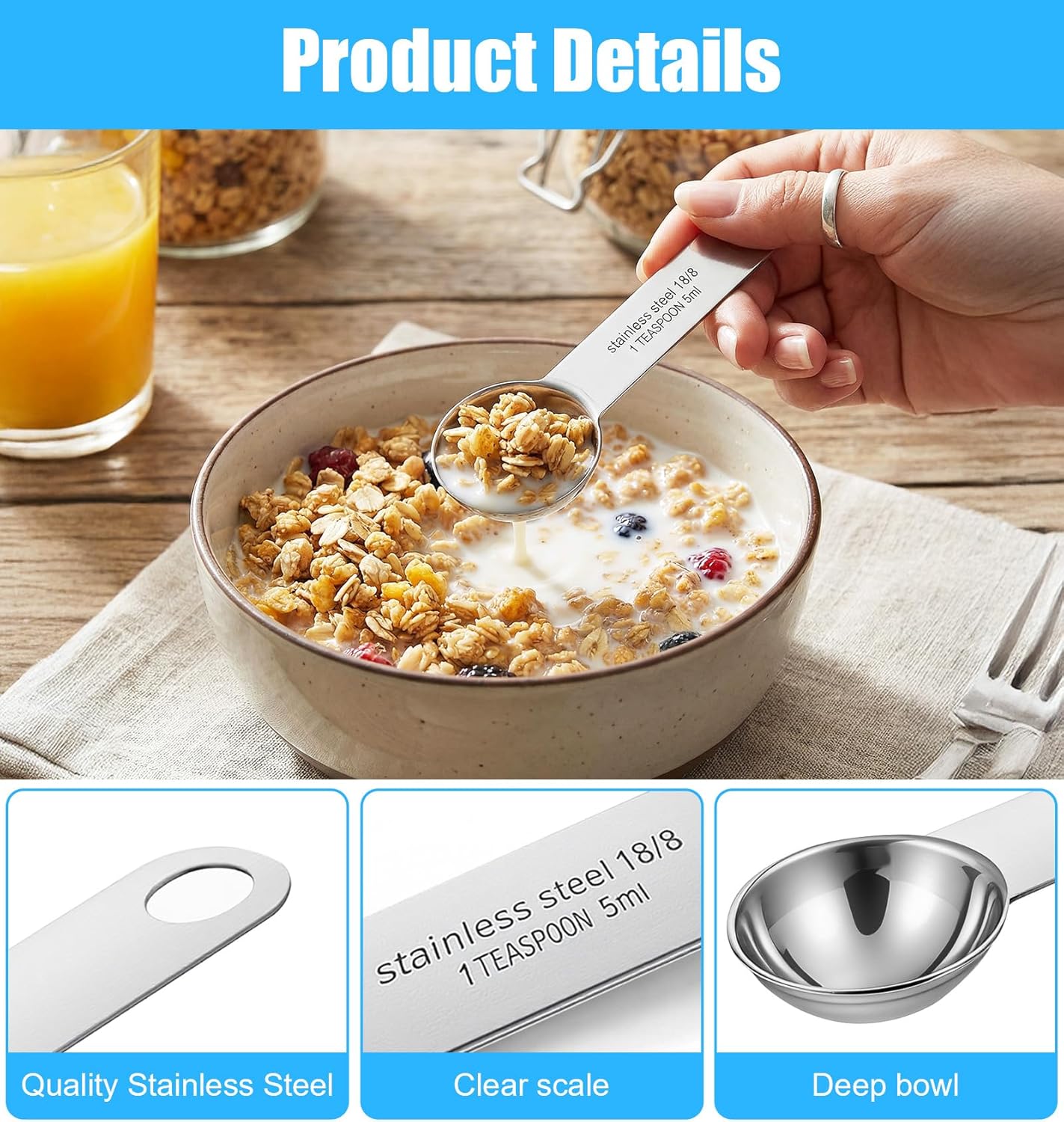 3 cucharaditas medidoras de acero inoxidable sin BPA para hornear café té y cocina