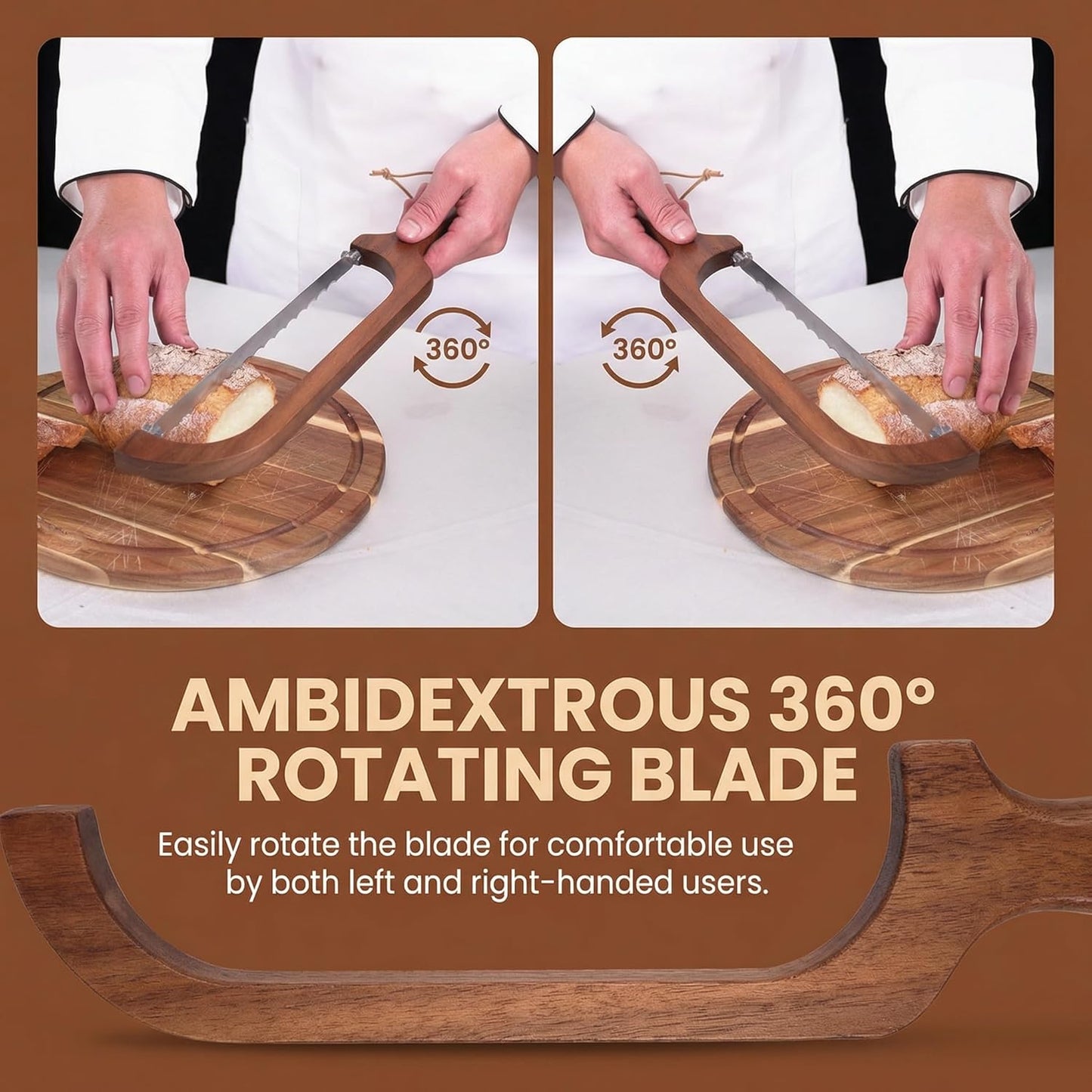 Cuchillo pan madera acacia hoja giratoria 360° rebanador