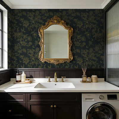 Papel tapiz floral verde oscuro autoadhesivo baño