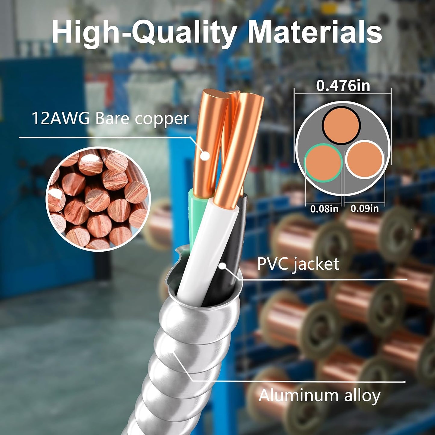 Cable 12/2 MC con tierra 25ft aluminio armadura cobre sólido