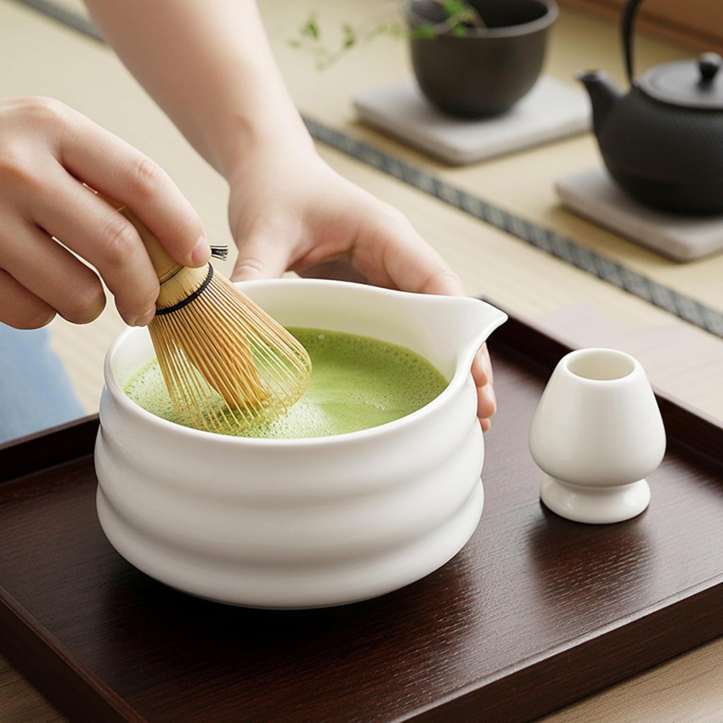 Juego de cerámica para matcha blanco AIYICIII 500ml con taza y soporte de cepillo