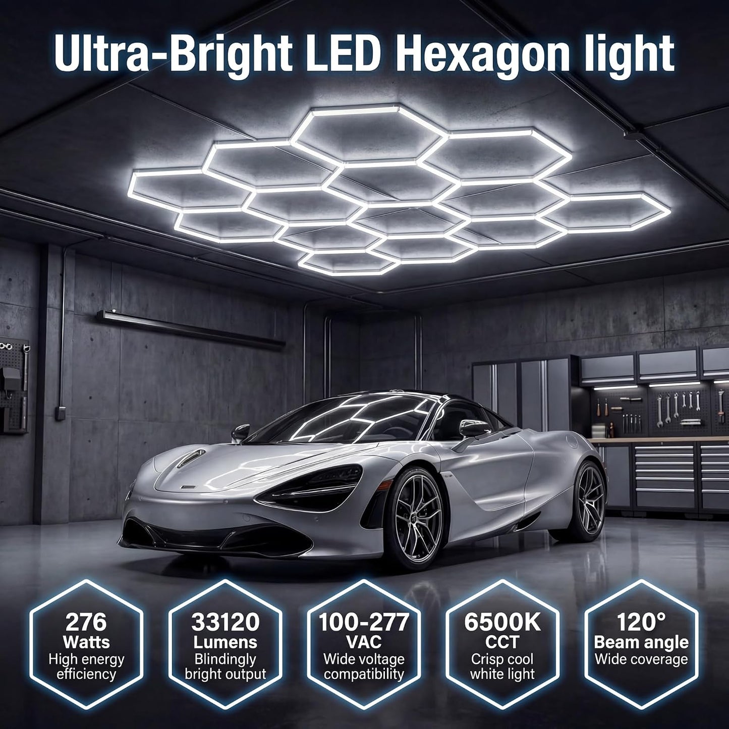Lámpara techo hexágono LED 276W 46 Pzas para garaje taller